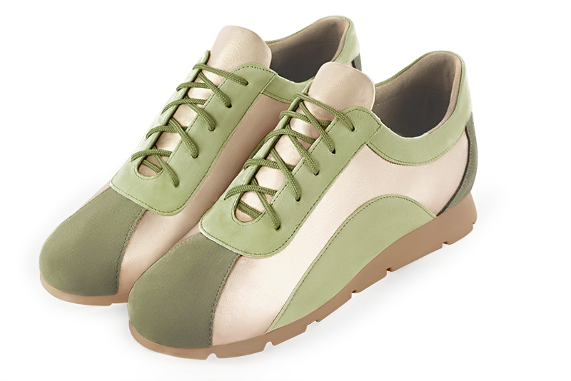 Khaki green and gold women's three-tone elegant sneakers. Round toe. Flat rubber soles. Front view - Florence KOOIJMAN